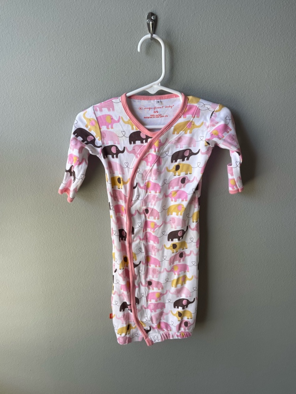 Magnificent Baby Magnetic Closure Gown - Pink and Brown Elephants & Matching Bib